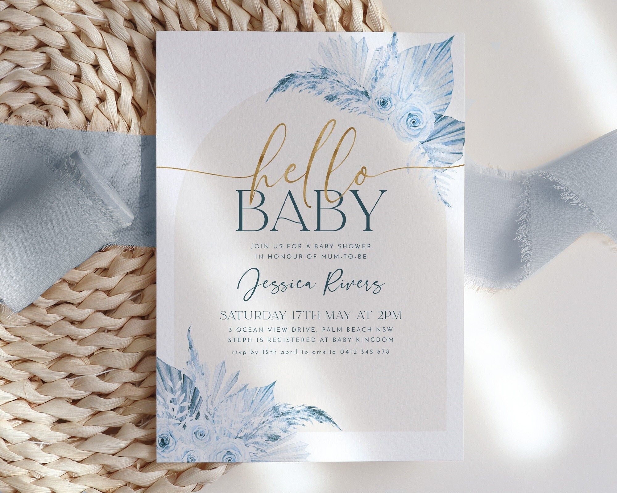 Boho Baby Shower Invitation, Boho Floral Baby Shower, Boy Baby Shower Invite, Dried Flower Invitation, Boho Invitation Boy, Arch Boho Blue