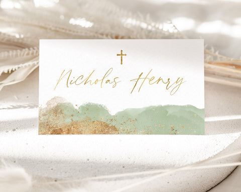 Christening Place Card Template, Printable Place Cards, Baptism Place Cards, Green and Gold Place Cards, Sage Green Escort Cards Baptism