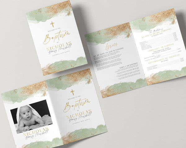 Baptism Programs, Printable Christening Program Template, Printable Green and Gold Baptism Program, Sage and Gold Baptism, Order of Events