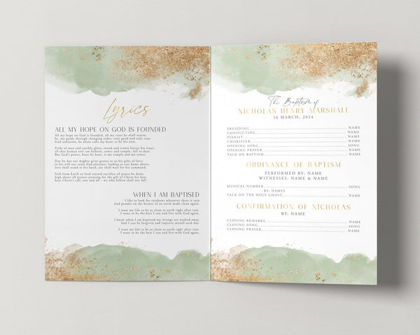 Baptism Programs, Printable Christening Program Template, Printable Green and Gold Baptism Program, Sage and Gold Baptism, Order of Events