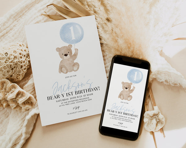 Bear Birthday Invitation, Bear-y First Birthday, Bear Balloons Invitation, 1st Birthday Boy, Teddy Bear Invitation, Printable Birthday Blue