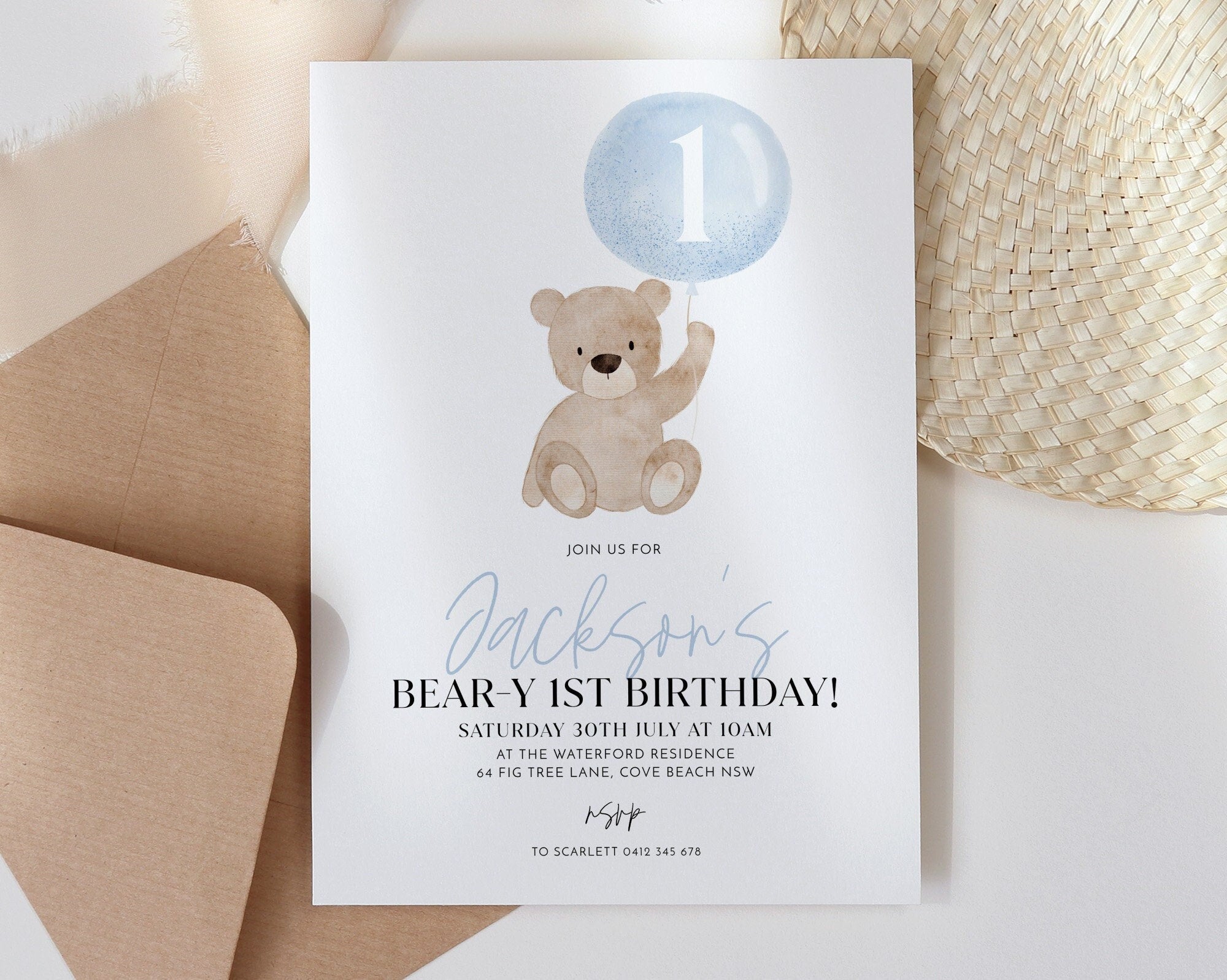 Bear Birthday Invitation, Bear-y First Birthday, Bear Balloons Invitation, 1st Birthday Boy, Teddy Bear Invitation, Printable Birthday Blue