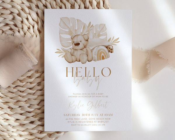 Boho Baby Shower Invitation Template, Boho Bear Invite, Printable Baby Shower, Gender Neutral Baby Shower, Editable Bear Invitation Baby