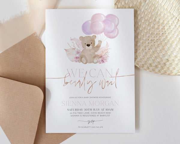 Bear Balloons Baby Shower Invitation Template, We Can Bearly Wait Boho Baby Shower Invite, Printable Shower Invite, Editable Bear Invitation