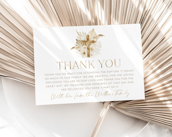 Thank You Card Template, Printable Thank You Card, Instant Download Thank You Cards, Christening Thank You, Boho Gold Baptism Thank You Card