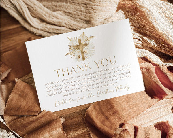 Thank You Card Template, Printable Thank You Card, Instant Download Thank You Cards, Christening Thank You, Boho Gold Baptism Thank You Card