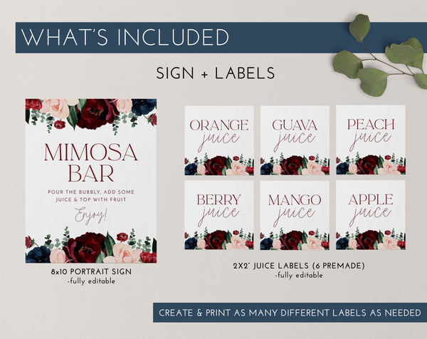 Mimosa Sign, Mimosa Bar Sign, Bridal Shower Mimosa Bar Sign, Juice Labels, Mimosa Juice Tags, Baby Shower Momosa Sign, Burgundy Navy Flowers