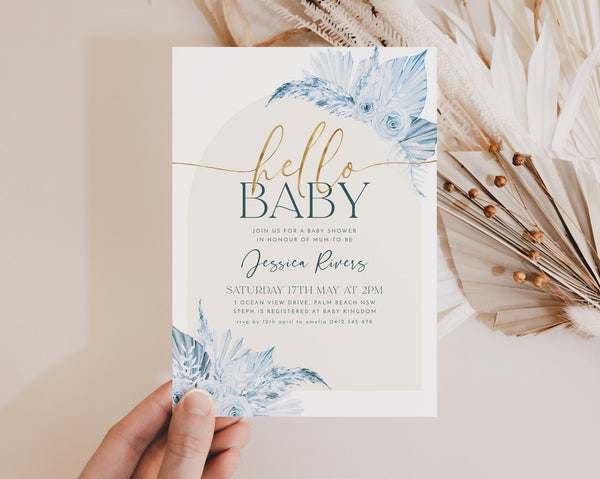 Boho Baby Shower Invitation, Boho Floral Baby Shower, Boy Baby Shower Invite, Dried Flower Invitation, Boho Invitation Boy, Arch Boho Blue