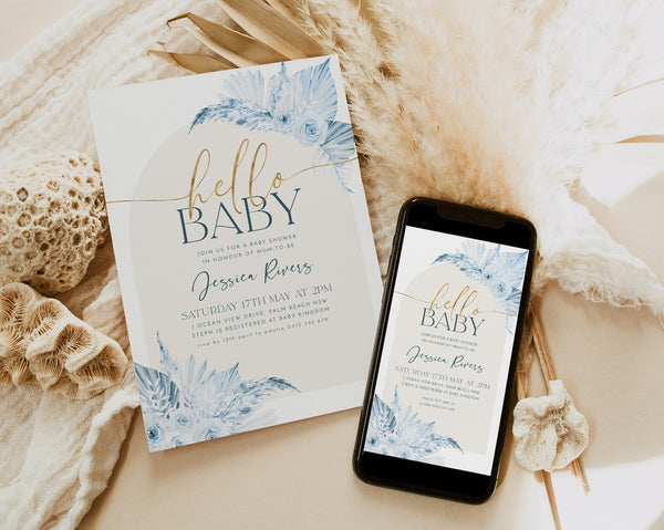 Boho Baby Shower Invitation, Boho Floral Baby Shower, Boy Baby Shower Invite, Dried Flower Invitation, Boho Invitation Boy, Arch Boho Blue