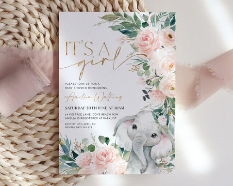 Elephant Baby Shower Invitation Girl, Baby Elephant Girl Baby Shower Invite, Baby Shower invite, Baby Girl, Elephant Theme, Digital Invite