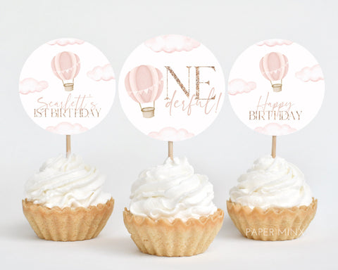 ONEderful Cupcake Toppers, Printable Cupcake Topper, Pink Hot Air Balloon, 1st Birthday Editable Cupcake Toppers, Onederful First Birthday