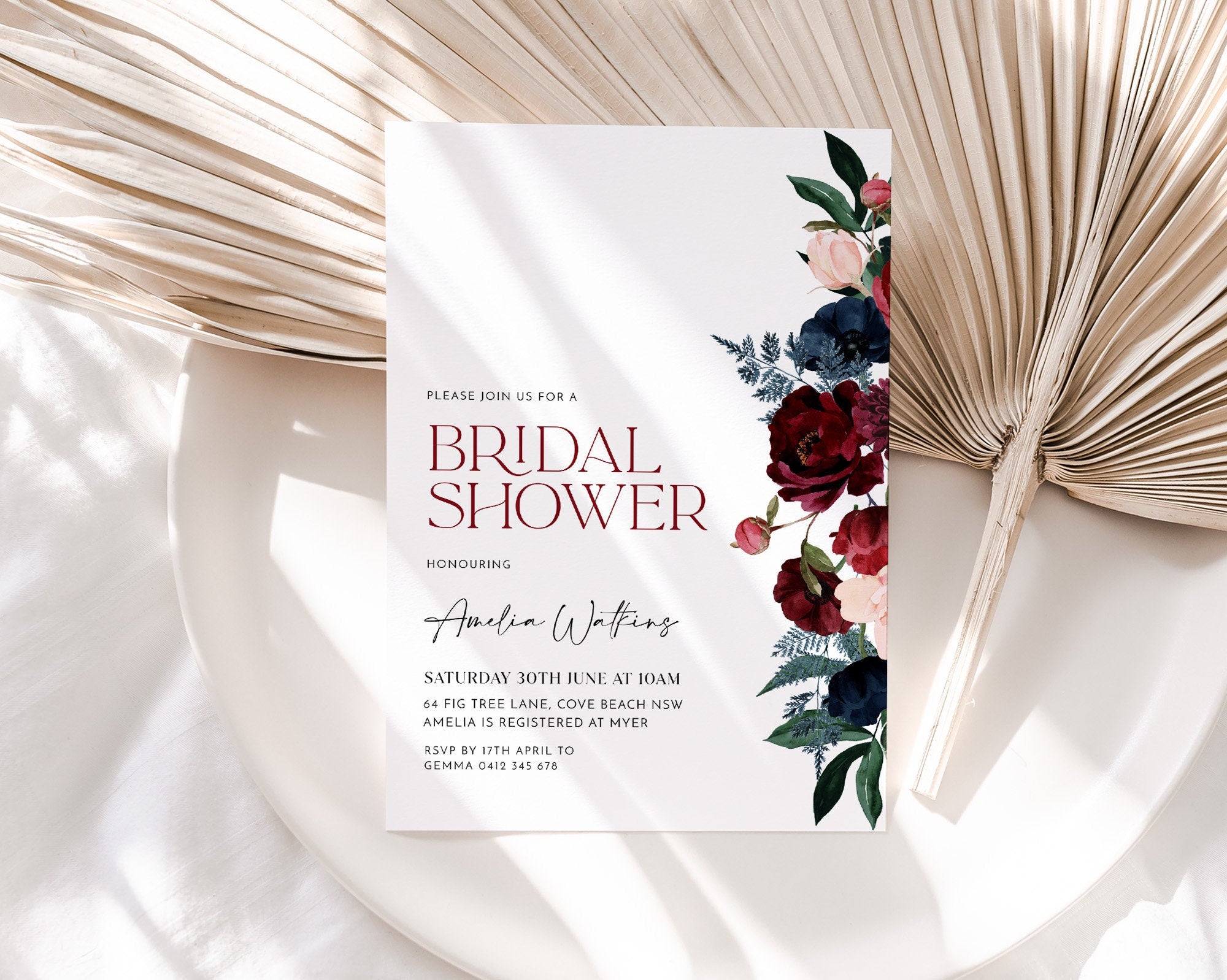 Bridal Shower Invitation, Burgundy Navy Bridal Shower Invitation, Floral Kitchen Tea Invitation Template, Flower Bridal Brunch Invite Red