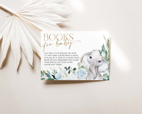 Books For Baby Card Printable, Book Request Card, Elephant Baby Shower Book For Baby, Blue Floral Baby Shower Printables, Boy Baby Shower