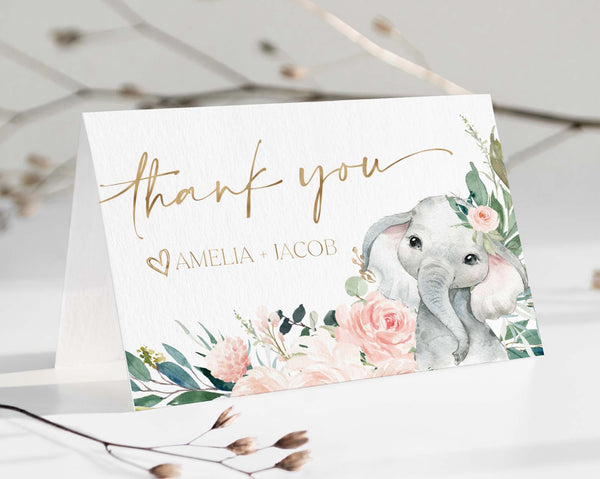 Thank You Card Template, Printable Thank You Card, Girl Baby Shower Thank You Card Editable Template, Elephant Baby Shower Thank You Card