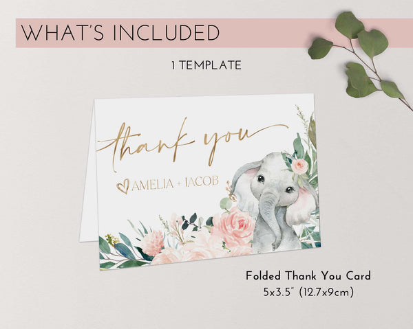 Thank You Card Template, Printable Thank You Card, Girl Baby Shower Thank You Card Editable Template, Elephant Baby Shower Thank You Card