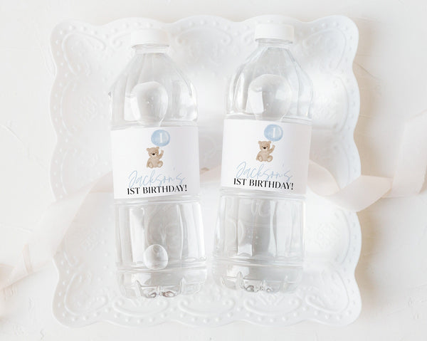 Bear Water Bottle Labels, 1st Birthday Boy Water Label, Printable Water Bottle Label, Beary First Birthday Water Labels, Blue Bear Birthday