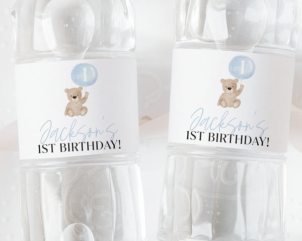 Bear Water Bottle Labels, 1st Birthday Boy Water Label, Printable Water Bottle Label, Beary First Birthday Water Labels, Blue Bear Birthday