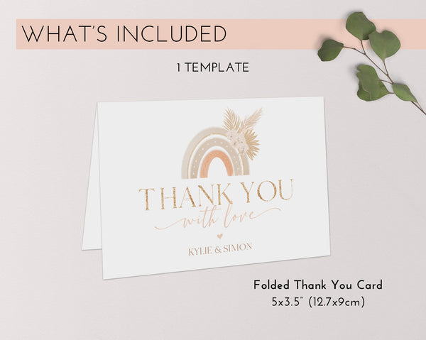 Boho Thank You Card Template, Rainbow Printable Thank You Card, Baby Shower Thank You Card Editable Template, Boho Baby Shower Thank You