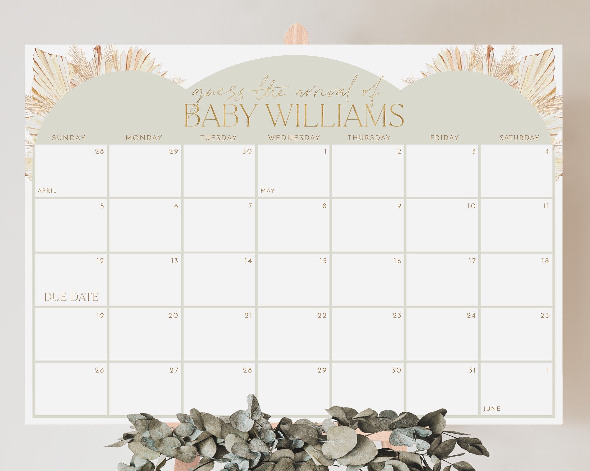 Sage Baby Shower Due Date Calendar, Boho Baby Birth Date Sign, Guess the Arrival Date Sign, Due Date Sign, Green Editable Printable Baby