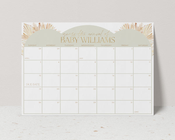 Sage Baby Shower Due Date Calendar, Boho Baby Birth Date Sign, Guess the Arrival Date Sign, Due Date Sign, Green Editable Printable Baby