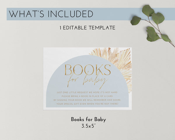 Blue Books For Baby Card Printable, Book Request Card, Boho Boy Baby Shower Book For Baby, Dried Palms Invitation, Arch Blue Boy Baby Shower