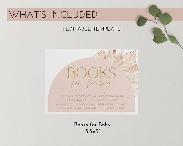 Pink Books For Baby Card Printable, Book Request Card, Boho Girl Baby Shower Book For Baby, Dried Palms Invitation, Pink Arch Baby Shower