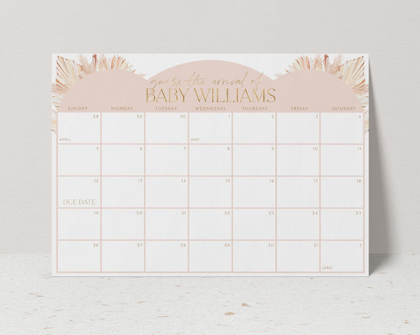 Pink Baby Shower Due Date Calendar, Boho Baby Birth Date Sign, Guess the Arrival Date Sign, Due Date Sign, Boho Girl Editable Printable Sign