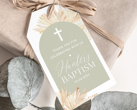 Sage Green Baptism Favour Tags, Editable Tags, Christening Favor Tags, Boho Favour Tags, Green Thank You Tag, Baptism Gift Tags Rectangle