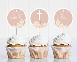 Pink Girls Baptism Cupcake Toppers, Christening Cupcake Toppers, Printable Cupcake Topper, Editable Cupcake, Pink Boho Baptism Decor Girls