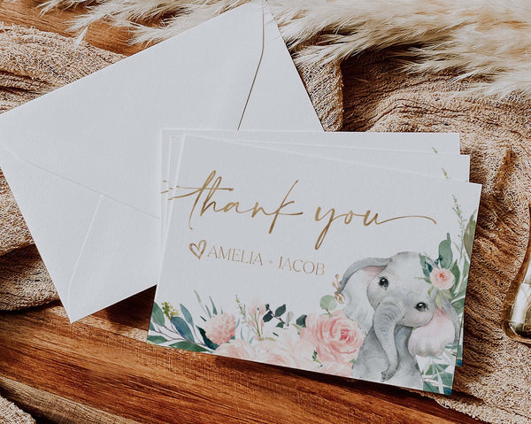 Thank You Card Template, Printable Thank You Card, Girl Baby Shower Thank You Card Editable Template, Elephant Baby Shower Thank You Card