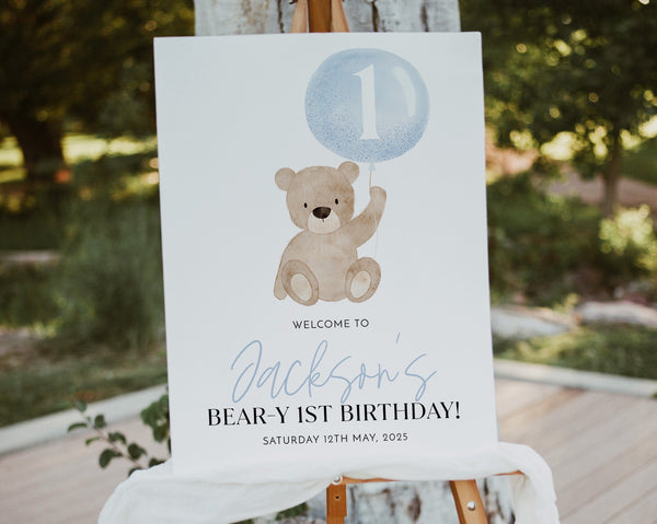 Bear Welcome Sign, Beary 1st Birthday Welcome Sign, Baby First Birthday, 1st Birthday Sign, Blue Bear Welcome Sign, Beary First Birthday