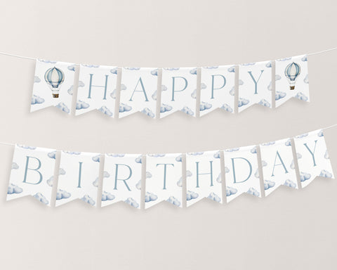 Happy Birthday Banner Printable, Mr ONEderful Birthday Banner, Happy 1st Birthday Banner, First Birthday Decor, Hot Air Balloon Banner Blue