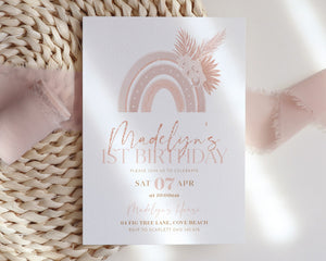 Boho Rainbow 1st Birthday Invitation Girl, First Birthday Invitation, Pink Rainbow Invitation Birthday Invite, 1st Birthday Girl, Digital