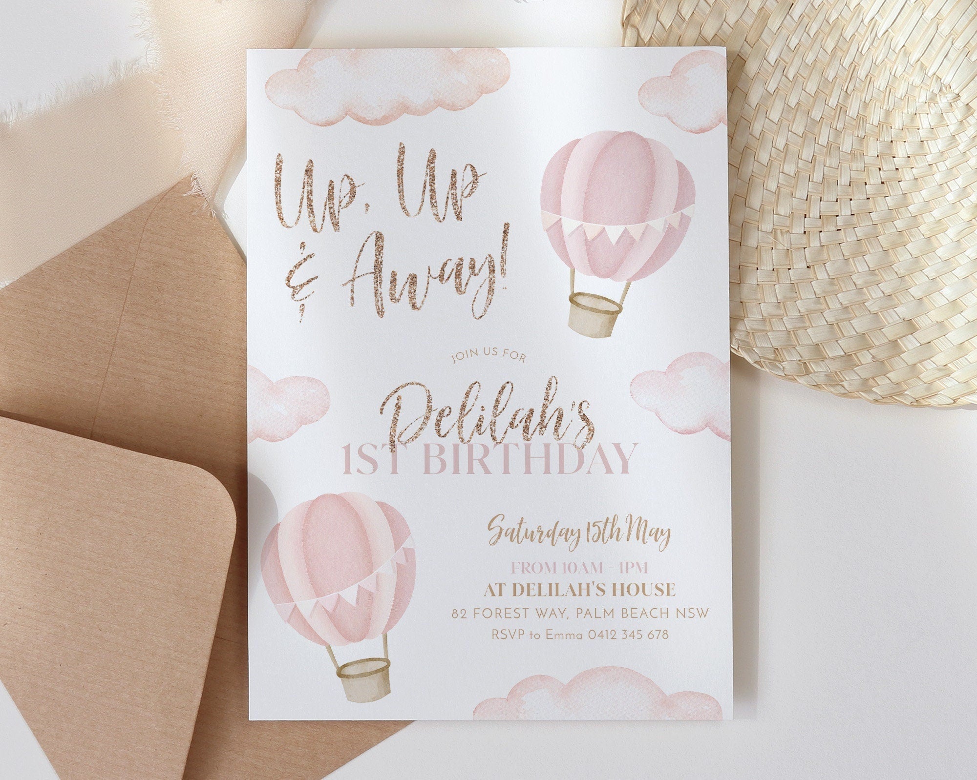 Hot Air Balloon 1st Birthday Invitation, Up Up and Away Invitation 1st Birthday Girl, Printable Invite Pink Hot Air Balloon Adventure Awaits