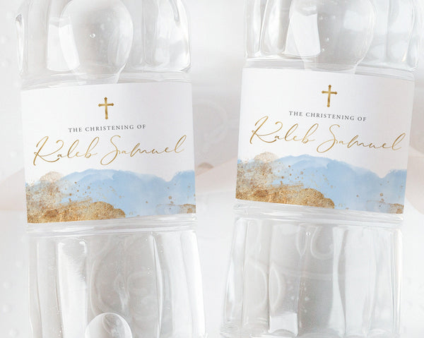 Baptism Water Bottle Label, Christening Water Label, Printable Water Bottle Label, Baptism Water Label Stickers, Blue and Gold Boys Baptism