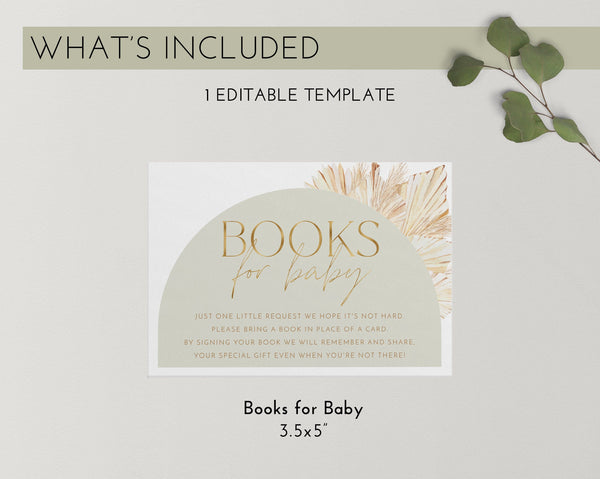 Sage Books For Baby Card Printable, Book Request Card, Boho Baby Shower Book For Baby, Dried Palms Invitation, Baby Shower Printables Green