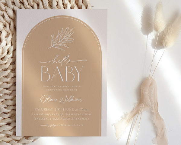 Boho Baby Shower Invitation, Baby Brunch Invite, Gender Neutral Baby Shower Invite, Minimalist Invitation, Hello Baby Arch Invitation Leaf