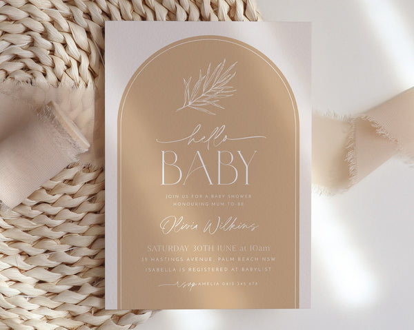 Boho Baby Shower Invitation, Baby Brunch Invite, Gender Neutral Baby Shower Invite, Minimalist Invitation, Hello Baby Arch Invitation Leaf