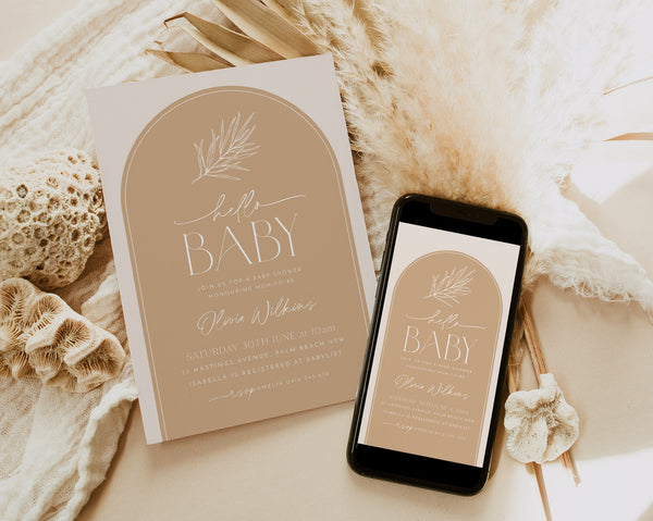 Boho Baby Shower Invitation, Baby Brunch Invite, Gender Neutral Baby Shower Invite, Minimalist Invitation, Hello Baby Arch Invitation Leaf