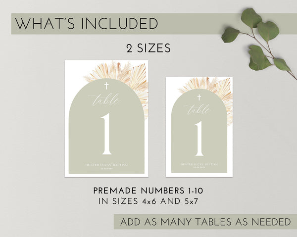 Sage Green Table Numbers, Christening Table Numbers, Boho Baptism Table Numbers Template, Printable Table Numbers, Editable Baptism Tables