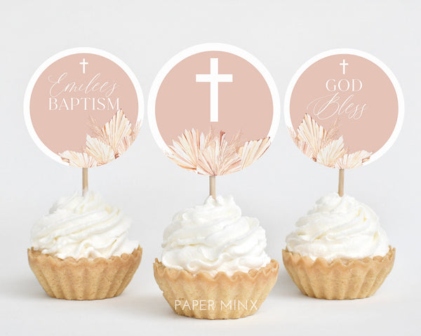 Pink Girls Baptism Cupcake Toppers, Christening Cupcake Toppers, Printable Cupcake Topper, Editable Cupcake, Pink Boho Baptism Decor Girls