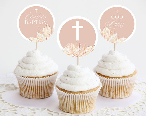 Pink Girls Baptism Cupcake Toppers, Christening Cupcake Toppers, Printable Cupcake Topper, Editable Cupcake, Pink Boho Baptism Decor Girls