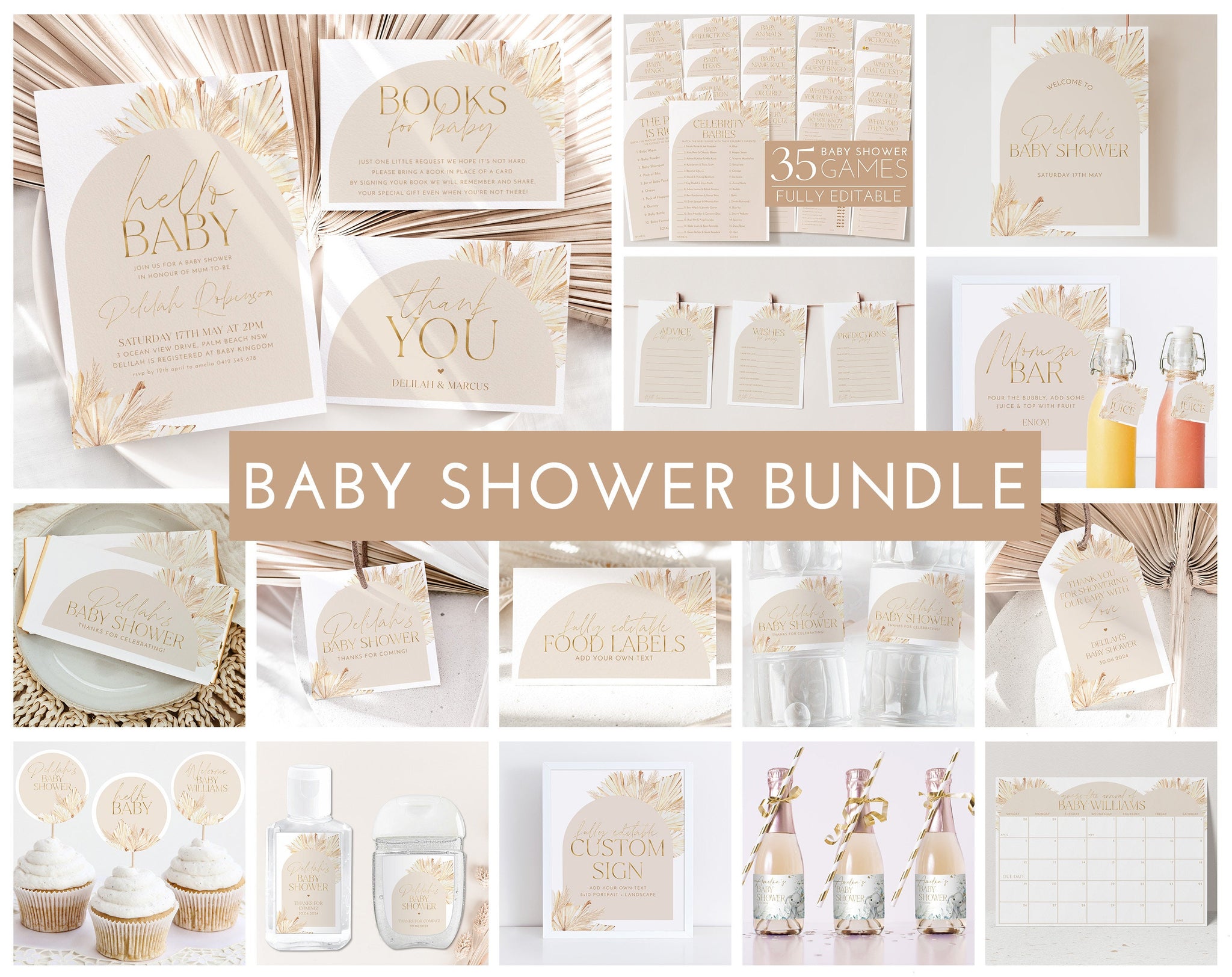 Boho Baby Shower Invitation Bundle, Printable Baby Shower Invitation and Games, Editable Games, Baby Shower Decorations, Gender Neutral Baby