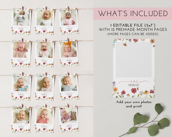 Wildflower First Year Photos, Wildflower Birthday Milestone Photos, Baby's First Year Month Photos, Monthly Photo Banner, Pink Flower Photo