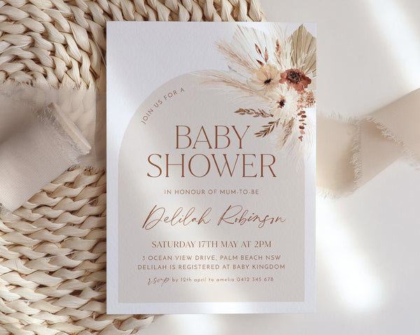 Boho Baby Shower Invitation, Boho Floral Baby Shower, Gender Neutral Baby Shower Invite, Dried Flower Invitation, Boho Invitation, Arch Boho