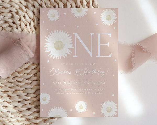 Daisy Birthday Invitation, Flower 1st Birthday Invite, Daisy Invitation, Girls 1st Birthday, Wildflower, Boho Daisy Invitation, Onederful