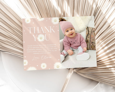 Daisy Thank You Card Template, Printable Thank You Card, Daisy Flower Thank You Card Editable, Pink Flower Thank You Card, 1st Birthday Girl