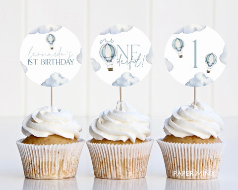 Mr ONEderful Cupcake Toppers, Printable Cupcake Topper, Blue Hot Air Balloon 1st Birthday Editable Cupcake Toppers, Onederful First Birthday