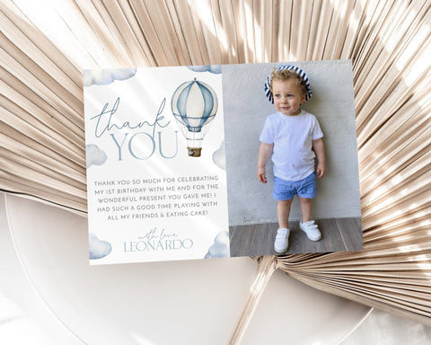 Mr Onederful Birthday Thank You Card Template, Printable Thank You Card, Thank You Card Editable Template, ONEderful Blue Hot Air Balloon