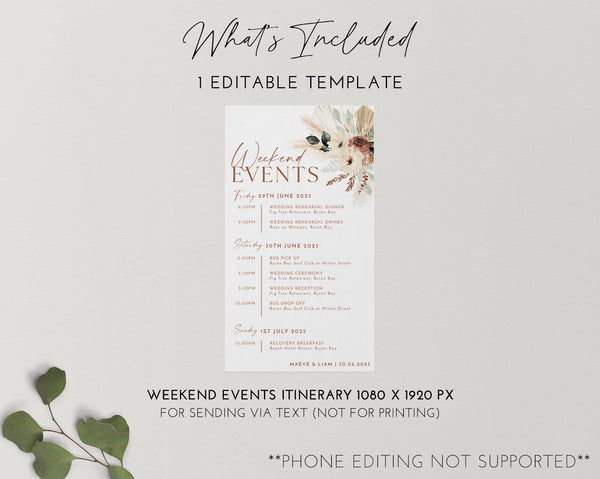 Phone Wedding Events Itinerary Template, Wedding Weekend Timeline, Order of Events For Texting, Digital Events, Boho Floral Wedding, Maeve